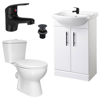 FNX Bathrooms Bubly Bathrooms™ 550mm White Gloss Freestanding Vanity UnitClose Coupled Toilet & Matt Black Tap Set from B&Q