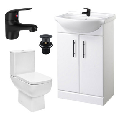 FNX Bathrooms Bubly Bathrooms™ 550mm Gloss White Vanity Unit & Ceramic BasinSquare Close Coupled Wc & Matt Black Tap Set from B&Q