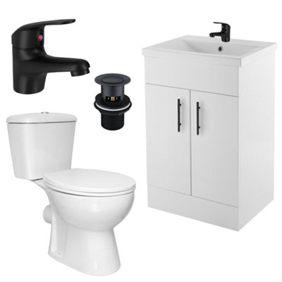 FNX Bathrooms Bubly Bathrooms™ 600mm Freestanding Gloss White Vanity Unit & Basin Set With D-Shape Wc & Matt Black Tap from B&Q