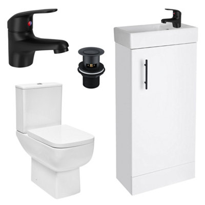 FNX Bathrooms Bubly Bathrooms™ 400mm Compact White Vanity Unit & Basin With Close Coupled Dual Flush Toilet & Matt Black Tap Set from B&Q