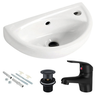 FNX Bathrooms Compact Wall Hung Cloakroom Basin & Matt Black Tap SetSpace-Saving Bathroom Sink With Waste from B&Q