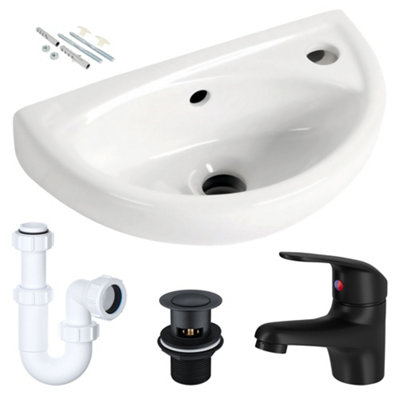 FNX Bathrooms Compact Wall-Hung Ceramic Cloakroom Basin & Matt Black Tap Set With Pop-Up Waste & P-Trap from B&Q