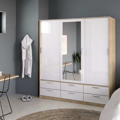 B&Q -  Line Wardrobe3 Doors 6 Drawers In Oak With White High Gloss