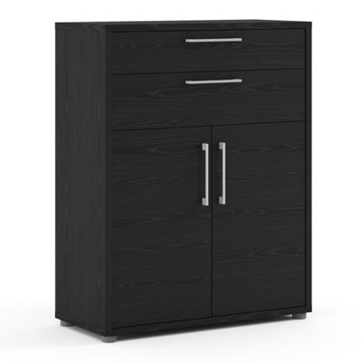 Furniture To Go Prima Bookcase 1 Shelf With 2 Drawers And 2 Doors In Woodgrain Black