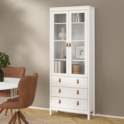 Florence Barcelona White Display Cabinet - 2 Door 3 Drawer - Wood/Leather Handles - Image 5