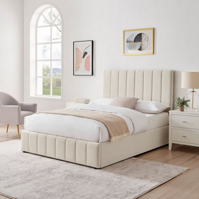  - Ecasa Leo Cream Velvet Fabric Double 4Ft 6 Ottoman Storage Bed Frame