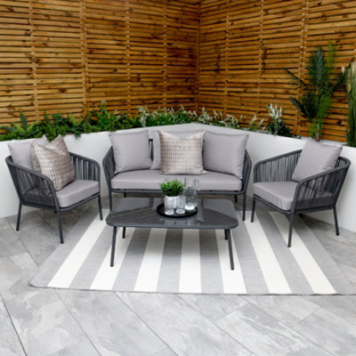  - Weave Rope Style Garden Lounge Sofa Set Grey 5 Seater With Coffee Table & Light Grey Cushions