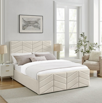  - Ecasa Mateo Cream Plush Velvet Fabric King Size 5Ft Bed Frame With Ottoman Storage
