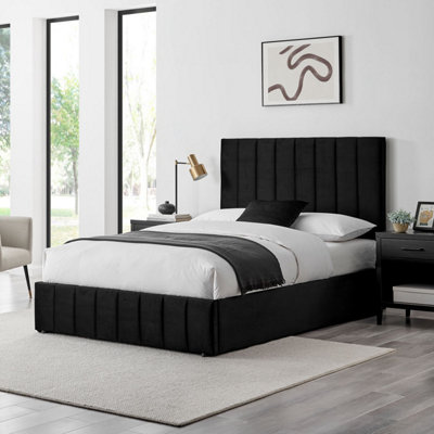  - Leo Black Velvet Fabric Double 4Ft 6 Ottoman Storage Bed Frame