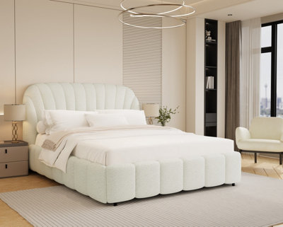  - Aurora White Boucle Double 4Ft 6 Ottoman Storage Bed