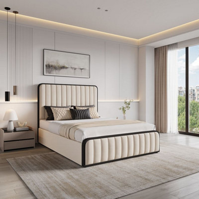  - Olivia Cream Velvet Ottoman Storage Bed With Black Fabric Edges