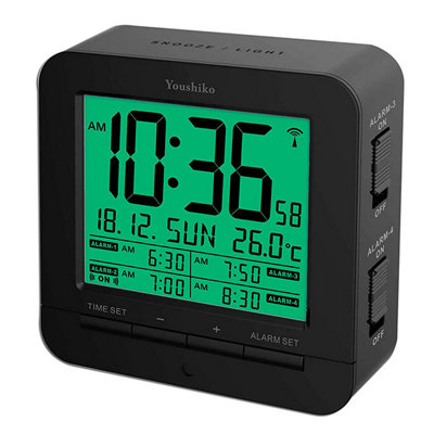 Youshiko Yc740 Digital Radio Controlled Alarm Clock With 4 Alarm Times & Automatic Backlight With Light Sensor