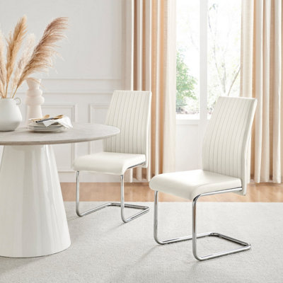 Furniturebox Set Of 2 Lorenzo High Back Stitched Soft Touch Faux Leather Chromed Cantilever Metal Leg Dining Chairs White