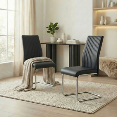 B&Q -  Set Of 2Lorenzo Modern Dining ChairsBlack Faux Leather Chrome Leg Dining ChairsKitchen Dining Room Chairs