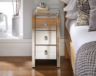 Furniturebox Murano Slim 3 Drawer Mirrored Square Bedside Table With Crystaline Shaped Handles