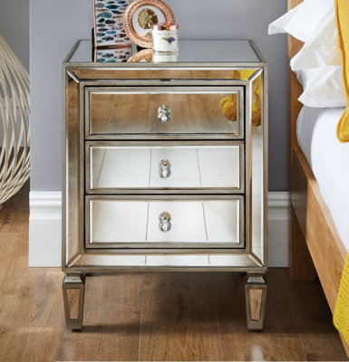 B&Q -  Venice Contemporary 3 Drawer Silver Framed Mirrored Bedside Tablewith Crystaline Shaped Handles