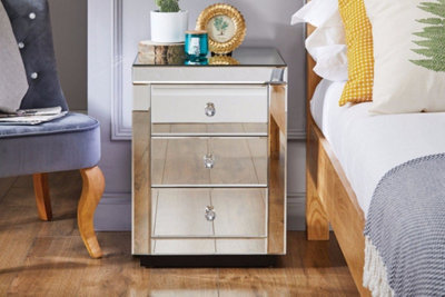 B&Q -  Italian Inspired Contemporary Mirrored 3 Drawer Rectangular Bedside Table With Crystaline Shaped Handles