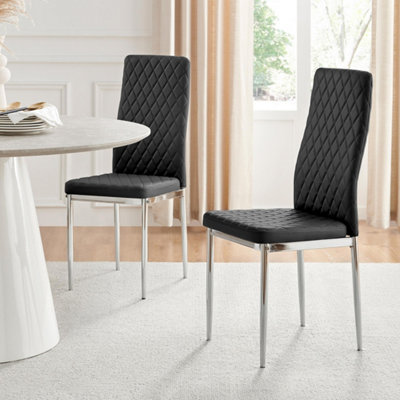 B&Q -  Set Of 4 Milan Black High Back Soft Touch Diamond Pattern Faux Leather Chromed Metal Leg Dining Chairs