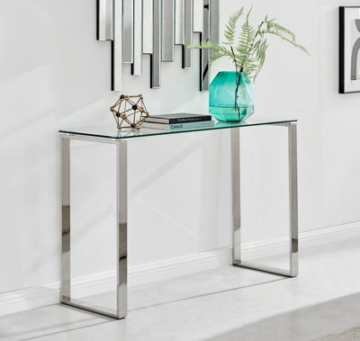 B&Q -  Miami Modern Rectangular Clear Glass Console Table With Square Silver Chrome Metal Legs For Minimalist Living Room Or Hallway