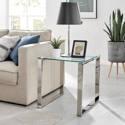 B&Q -  Miami Modern Square Clear Glass Side End Bedside Table With Square Silver Chrome Metal Legs For Living Room Or Bedroom