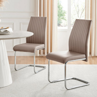 Furniturebox Set Of 2 Lorenzo Cappuccino High Back Stitched Soft Touch Faux Leather Chromed Cantilever Metal Leg Dining Chairs Beige