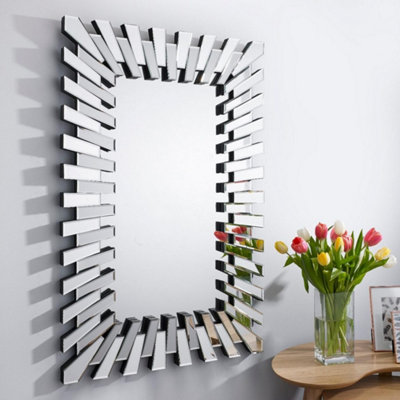 B&Q -  Starburst Medium 100Cm X 66Cm 3D Silver Rectangular Sunburst Modern Hallway Bedroom Dining And Living Room Mirror