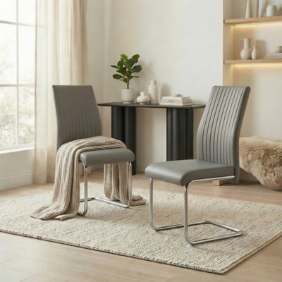 Furniturebox Set Of 2 Lorenzo Elephant High Back Stitched Soft Touch Faux Leather Chromed Cantilever Metal Leg Dining Chairs Grey