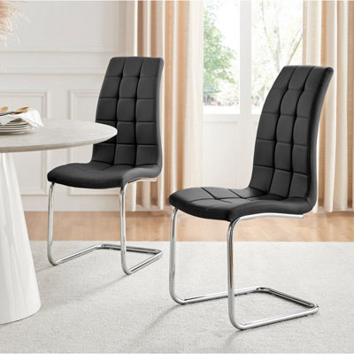 Furniturebox Set Of 2 Murano Deep Padded High Back Soft Touch Faux Leather Chrome Cantilever Leg Dining Chairs Black