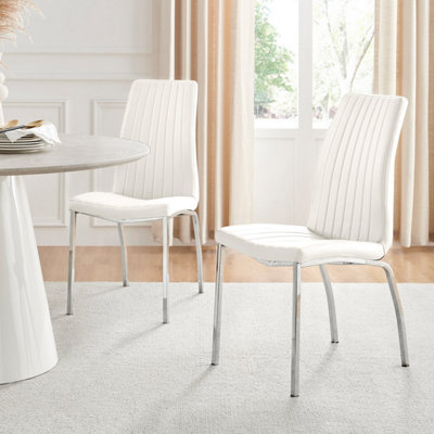 Furniturebox Set Of 2 Isco High Back Deep Foam Padded Soft Touch Stitched Faux Leaher Chrome Metal Leg Dining Chairs White