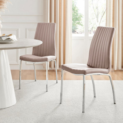 Furniturebox Set Of 2 Isco Cappuccino High Back Deep Foam Padded Soft Touch Stitched Faux Leaher Chrome Metal Leg Dining Chairs Beige