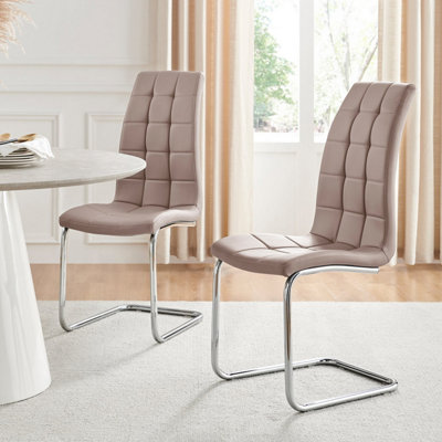 Furniturebox Set Of 2 Murano Cappuccino Deep Padded High Back Soft Touch Faux Leather Chrome Cantilever Leg Dining Chairs Beige
