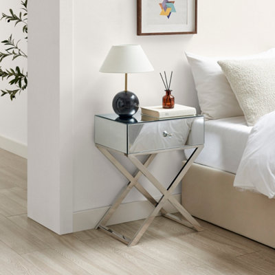 Furniturebox Silver Celeste Single Drawer Mirrored Bedside Table With Chrome Cross Legs