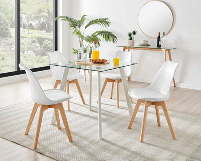 Furniturebox Seattle Scandi Inspired Glass And White Leg Square Dining Table & 4 White Cushioned Stockholm Beech Wood Leg Chairs from B&Q