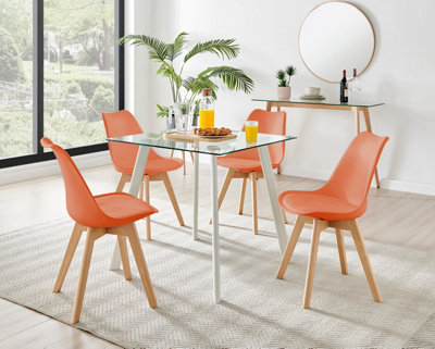 Furniturebox Seattle Scandi Inspired Glass And White Leg Square Dining Table & 4 Orange Cushioned Stockholm Beech Wood Leg Chairs from B&Q