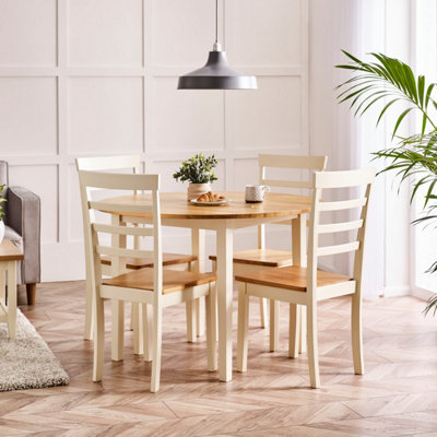 Furniturebox Uk Salcombe Round Wooden Table & 4 Whitby Dining Chairs With Oak Colour Seats Cream