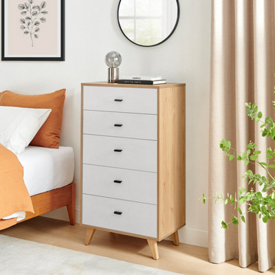 B&Q -  Uk Bisset Off-White & Wood Effect Chest Of 5 Drawers