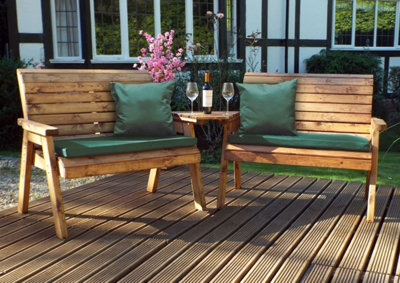 Charles Taylor Wooden Twin Garden 2 Seater Bench Set Angled & Green Cushion from B&Q
