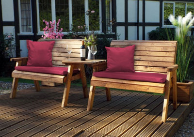 B&Q -  Wooden Twin Garden 2 Seater Bench Set Straight & Red Cushion