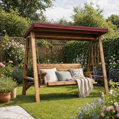 Charles Taylor Dorset Three Seat Swing - Brown Wood - Burgundy Cushions & Roof Cover - Image 5