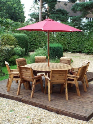 Charles Taylor 8 Seater Wooden Round Garden Dining Table & Chairs Parasol Red from B&Q