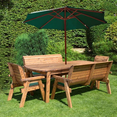 Charles Taylor 8 Seater Wooden Rectangular Table & Chairs Benches Parasol Green from B&Q