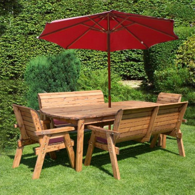 Charles Taylor 8 Seater Wooden Rectangular Table & Chairs Benches Parasol Red from B&Q