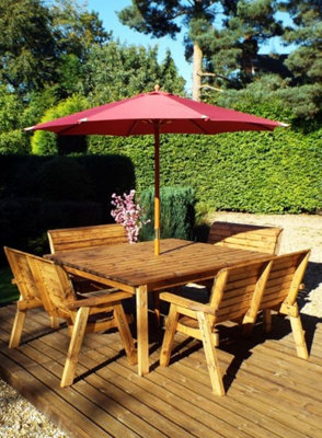 Charles Taylor 8 Seater Wooden Square Table & 4 X Garden Benches Parasol Red from B&Q