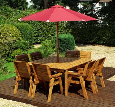 Charles Taylor 8 Seater Wooden Square Table & 6 Chairs 1 Bench Parasol Red from B&Q