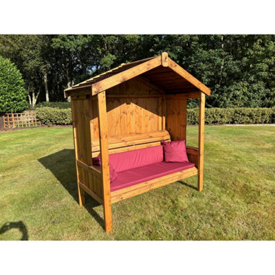 B&Q -  Imperial Wooden Arbour 3 Seater Bench Seat Chair Burgundy Cushion