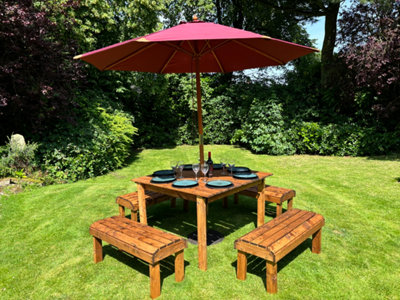 Charles Taylor Knights Wooden 8 Seat Square Dining Table Bench Set Burgundy from B&Q