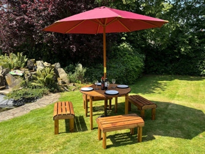 B&Q -  Knights Wooden Garden 4 Seat Round Dining Table Set Burgundy