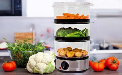 Trendi 3 Tier Food Steamer 6 Litre Compact Design 3 Separate Compartments Rice Bowl ,Vegetables,Meats 60 Min Timer Function 400W