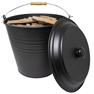 12L Metal Ash Bucket With Lid Wooden Handle Fireplace Container Litre Coal Storage Organiser Wooden Handle & Lid Handle from B&Q