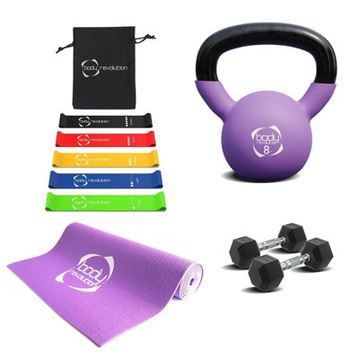 Body Revolution Dumbbells + Kettlebell + Mat + Resistance Bands(3Kg Dumbbell 6Kg Kettlebell Mat Resistance Bands) from B&Q